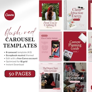 Plantillas de carrusel rojo de Instagram para creadores de coaches 50 plantillas editables de Canva en rosa Estilo scrapbooking estético Vendedor de productos digitales