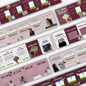 Preview grid of aesthetic Bookstagram carousel templates showing different swipe post designs including reading lists, book recommendations, and book rating layouts for Instagram book creators.