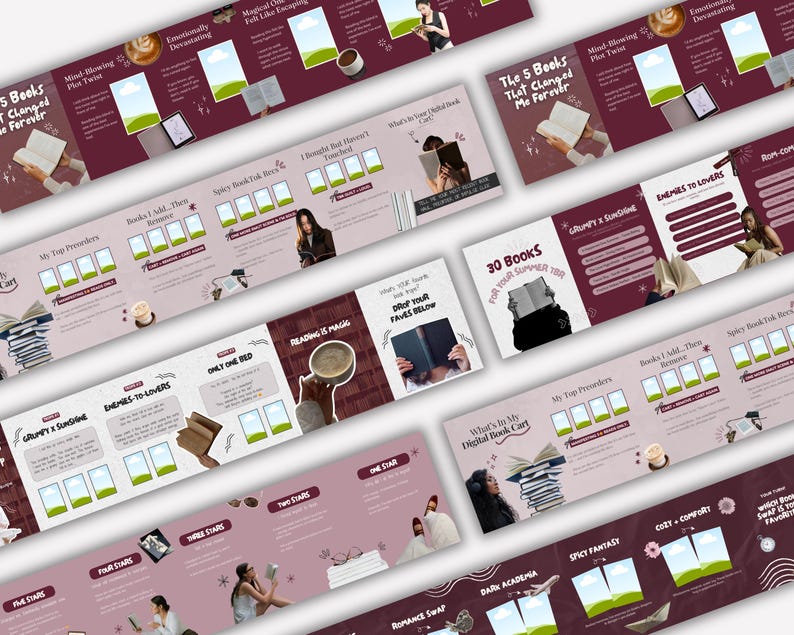 Preview grid of aesthetic Bookstagram carousel templates showing different swipe post designs including reading lists, book recommendations, and book rating layouts for Instagram book creators.