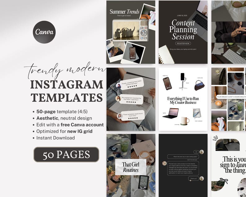 Neutral aesthetic Instagram Canva templates displayed on a clean background with modern text overlay – perfect for coaches, social media managers, and creators.
