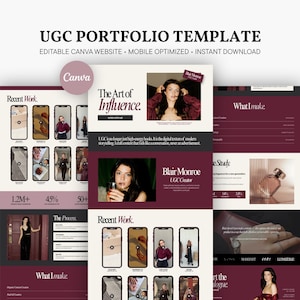 May include: A digital UGC portfolio template for Canva featuring a dark red and cream color scheme. The layout includes sections titled Recent Work, The Art of Influence, and What I Make, with placeholders for images, text, and statistics.