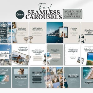 Può includere: Una collezione di 12 modelli di carosello Canva a tema viaggio con 72 diapositive. I modelli presentano consigli di viaggio e citazioni, con immagini di destinazioni e sovrapposizioni di testo, ideali per i social media.