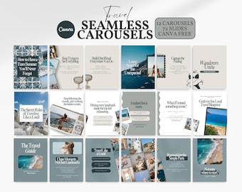 12 Carruseles de viajes sin costuras, contenido de verano, redes sociales, Instagram, plantilla de Canva, publicación de estilo de vida estético, blog de agencia de viajes, editable.