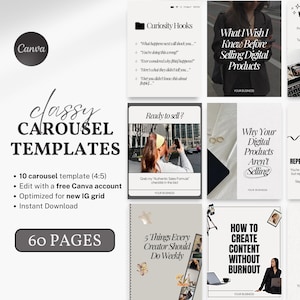 May include: A digital product template set for Instagram, featuring a clean, minimalist design. The templates are designed for Canva and include 10 carousel templates, optimized for the new IG grid. The set includes 60 pages and is an instant download.