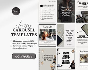 May include: A set of digital Instagram templates with a minimalist design, designed for Canva. The templates include 10 carousel templates, optimised for the new IG grid. The set contains 60 pages and is available as an instant download.