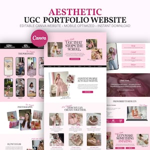 Puede incluir: Una plantilla digital para un portafolio de sitio web con un esquema de color rosa y blanco. El diseño incluye secciones tituladas Aesthetic UGC Portfolio Website, UGC That Stops The Scroll y How We Can Create Together con texto.