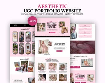 Modèle de site Web portfolio rose UGC pour Canva, kit média pour créateur d'influence, page de destination esthétique de marque personnelle, marketing sur les réseaux sociaux