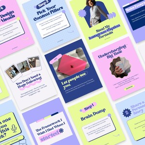 Aesthetic top view of retro-themed Canva templates featuring a bold mix of neon colors. Ideal for personal brands, coaches, and digital creators.