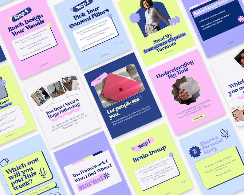 Aesthetic top view of retro-themed Canva templates featuring a bold mix of neon colors. Ideal for personal brands, coaches, and digital creators.