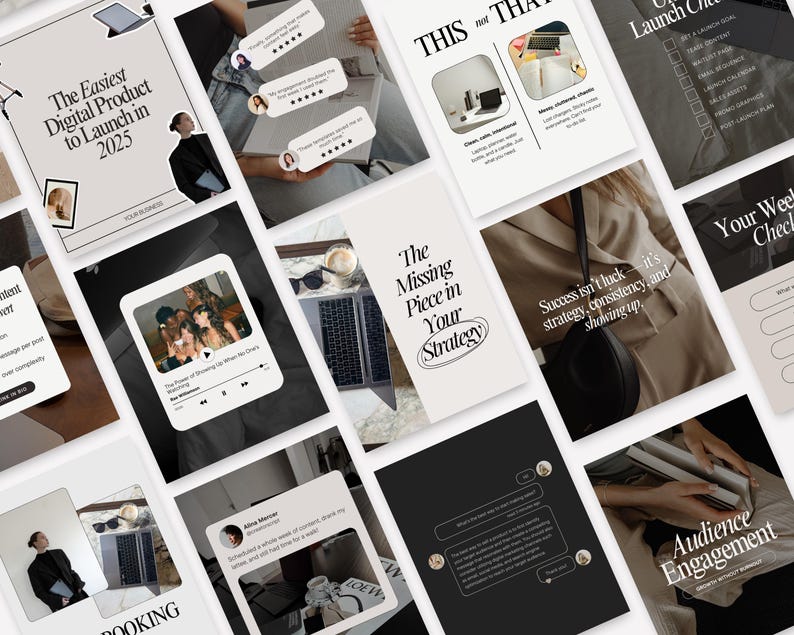 Aesthetic top-down view of editable Instagram templates — neutral design on a plain flat lay, perfect for digital marketers and small business owners.