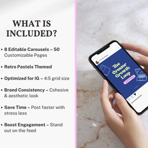 What’s Included. Preview of what's included: 50 editable Instagram carousel pages in a bright retro theme. Perfect for content creators, coaches, and small business brands.