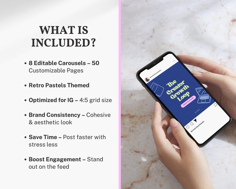 What’s Included. Preview of what's included: 50 editable Instagram carousel pages in a bright retro theme. Perfect for content creators, coaches, and small business brands.