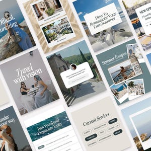travel content social media. Flat lay of travel-themed Canva templates featuring sun-soaked quotes, packing checklists, and dreamy neutral and teal blue tones — ideal for solo travelers and digital nomads and influencers and travel agencies.