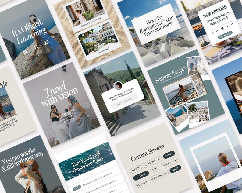 travel content social media. Flat lay of travel-themed Canva templates featuring sun-soaked quotes, packing checklists, and dreamy neutral and teal blue tones — ideal for solo travelers and digital nomads and influencers and travel agencies.