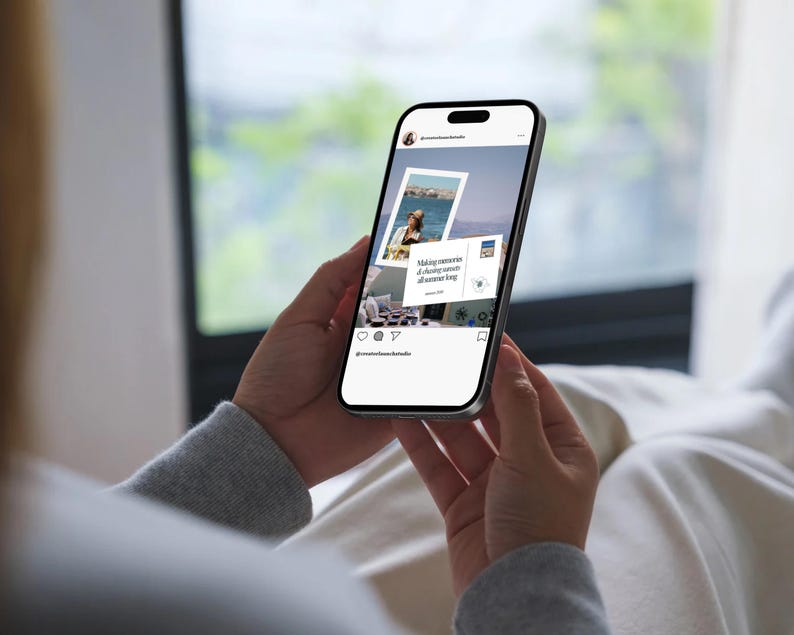 Woman on Phone with Mock. Modern travel creator viewing Mediterranean-inspired Instagram templates on phone – soft blues, sand tones, and breezy visuals.