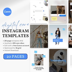 Puede incluir: Anuncio de plantillas de Instagram de núcleo digital. El diseño incluye el logotipo de Canva, el texto "digital core INSTAGRAM TEMPLATES" y viñetas que detallan las características de la plantilla. Un botón azul dice "20 PAGES".