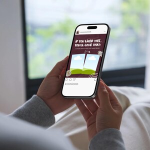 Lifestyle mockup showing a person holding a smartphone displaying an aesthetic Bookstagram Instagram post template featuring book rating content designed for book reviewers and reading accounts.