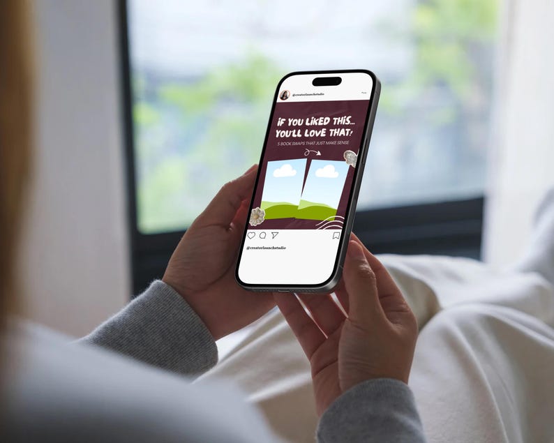 Lifestyle mockup showing a person holding a smartphone displaying an aesthetic Bookstagram Instagram post template featuring book rating content designed for book reviewers and reading accounts.