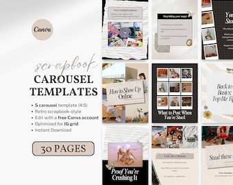 May include: An advertisement for scrapbook carousel templates, featuring the Canva logo and the text "scrapbook CAROUSEL TEMPLATES". The image highlights template features and includes a display of various template examples. The product has 30 pages.