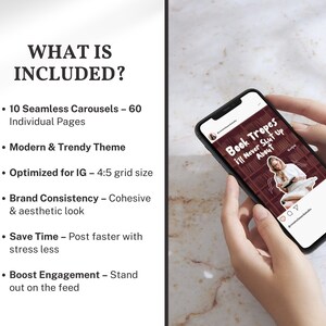 What’s Included Image
Overview slide explaining what is included in the Bookstagram carousel template bundle including 10 seamless carousels, 60 slides, burgundy aesthetic design, and Instagram optimized 4:5 post format.