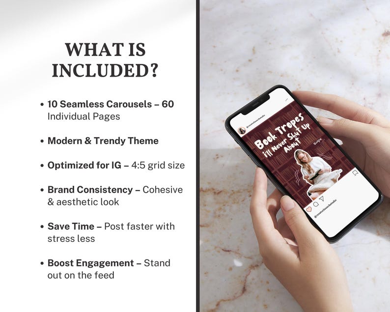 What’s Included Image
Overview slide explaining what is included in the Bookstagram carousel template bundle including 10 seamless carousels, 60 slides, burgundy aesthetic design, and Instagram optimized 4:5 post format.