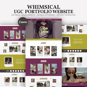 Peut inclure: Un modèle de site web portfolio numérique avec une palette de couleurs prune profond et vert olive. La mise en page comprend des sections pour la photographie, les publicités payantes et les collaborations, avec le texte "Whimsical UGC Portfolio Website".