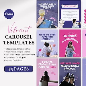 Könnte beinhalten: Ein lebendiges Canva-Karussell-Vorlagenset mit einem rosa-lila Thema. Das Design umfasst 12 Vorlagen, optimiert für Instagram-Raster, und ist sofort zum Download verfügbar. Das Set enthält 75 Seiten.