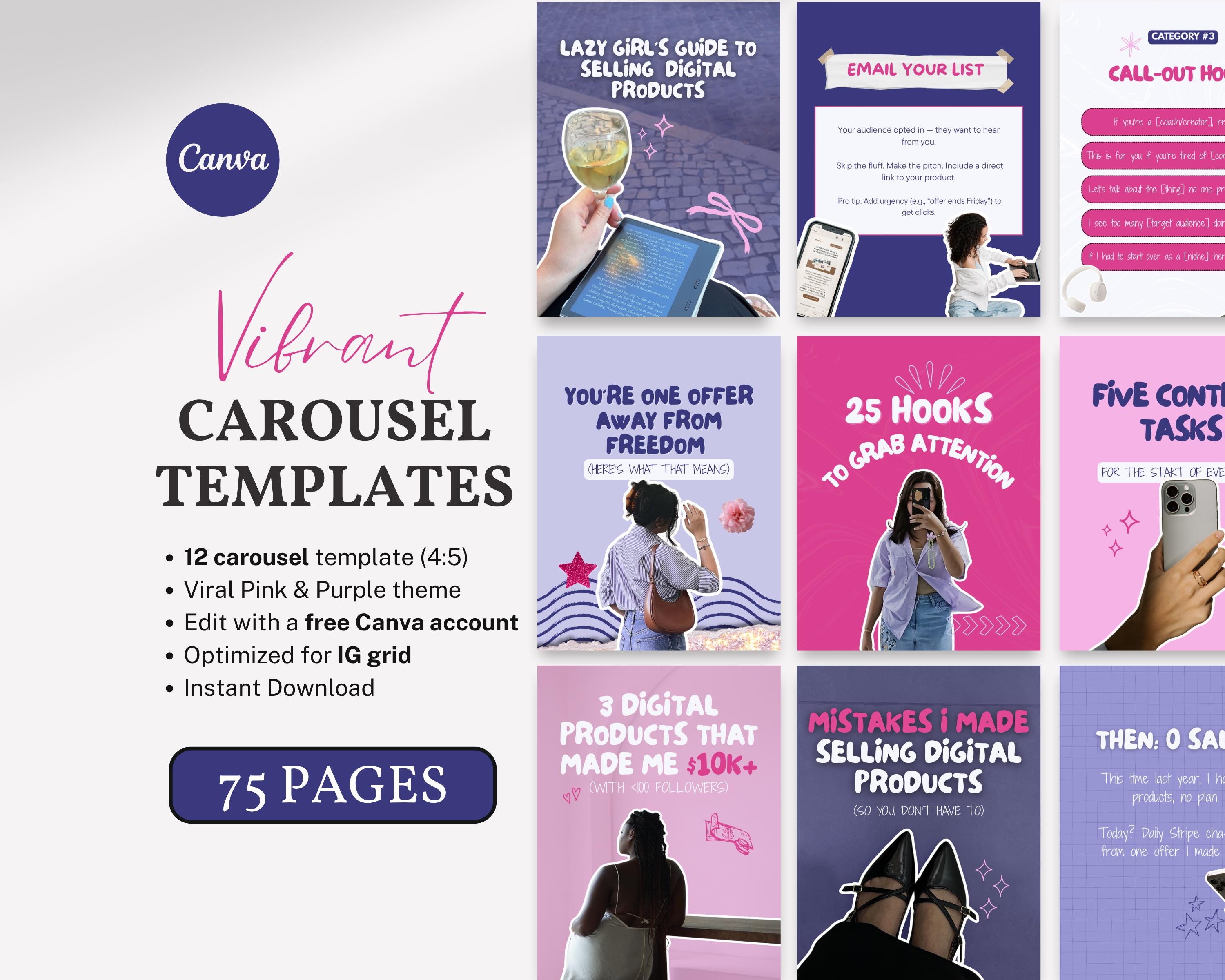 Bold Instagram Carousel Templates in Pink Purple 75 Viral Aesthetic ...