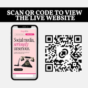 QR code preview allowing buyers to instantly view the live pink magazine editorial Canva website demo before purchasing.