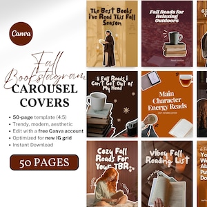 May include: An advertisement for Fall Bookstagram Carousel Covers, a digital product. The design includes a Canva logo, text, and images. The text highlights a 50-page template, a trendy and modern aesthetic, and instant download.
