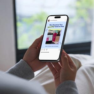 Woman previewing neon carousel templates on phone. Designed for coaches, creators, and influencers who want fun, professional IG content.