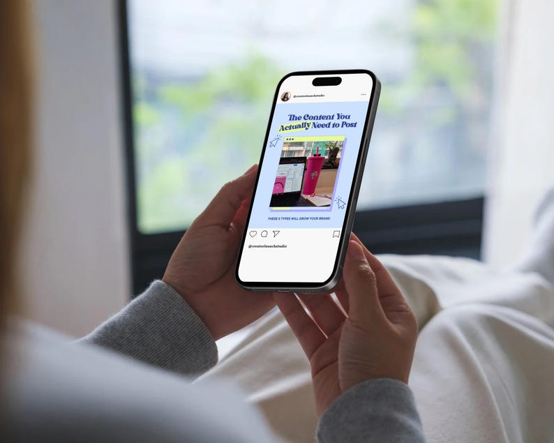 Woman previewing neon carousel templates on phone. Designed for coaches, creators, and influencers who want fun, professional IG content.