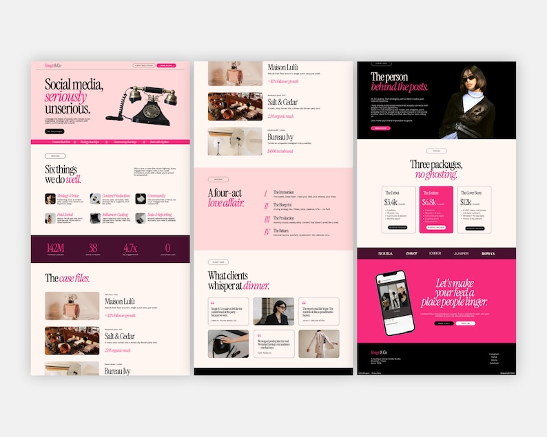 Complete website preview highlighting the editorial-inspired Canva layout with service offerings, portfolio examples, pricing plans, and luxury branding.