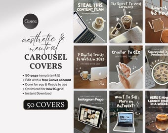 50 Viral Aesthetic Instagram Carousel Covers for Digital Creators Editable Canva Templates for Coaches Viral Cozy TikTok Threads Carousel