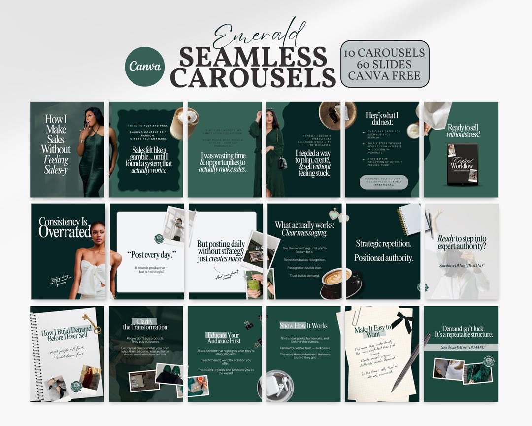 Emerald Green Seamless Instagram Carousel Templates Canva 60 Editable ...