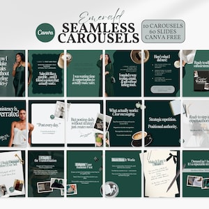 Puede incluir: Plantillas de Canva con temática esmeralda para carruseles de redes sociales. El diseño presenta 10 carruseles y 60 diapositivas, con superposiciones de texto sobre un fondo verde oscuro. El texto incluye frases como "Cómo hago ventas" y "Repetición estratégica."