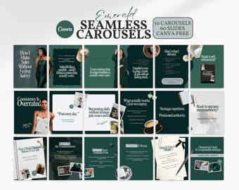 Plantillas de carrusel de Instagram sin costuras en verde esmeralda de Canva: 60 diapositivas editables para creadores, coaches, UGC, vendedores de productos digitales y contenido de lujo.