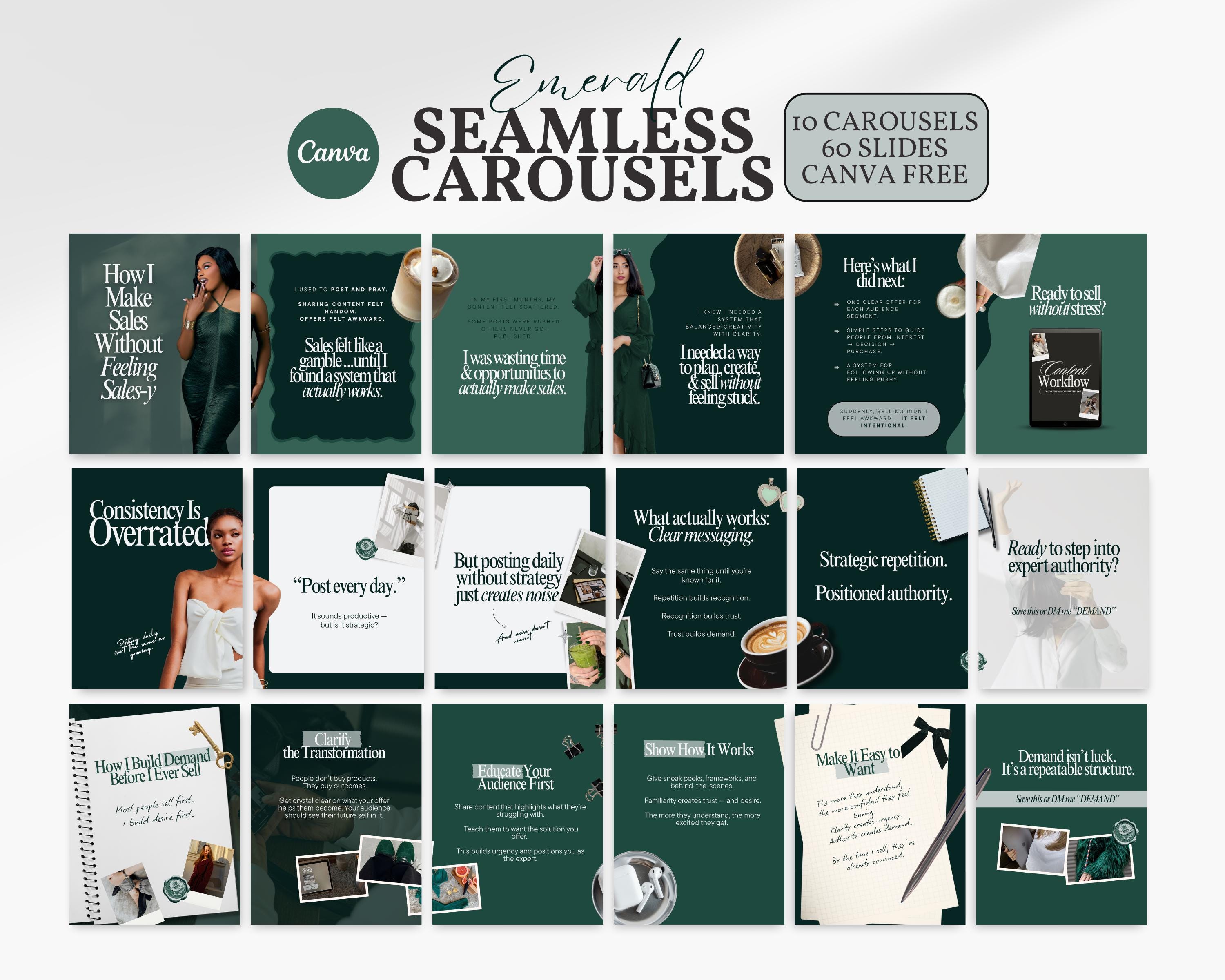 Emerald Green Seamless Instagram Carousel Templates Canva 60 Editable ...