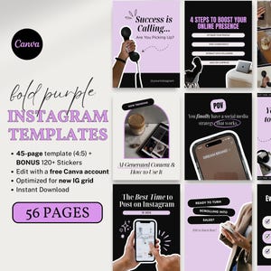 May include: A set of 56 Instagram templates in a bold purple and black color scheme. The templates feature text overlays with motivational quotes and tips for social media marketing. The templates are optimized for the new Instagram grid.