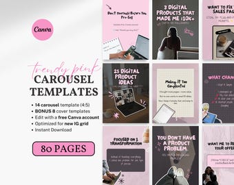 May include: A collection of 80 pink and black carousel templates for Instagram. The templates feature text overlays with tips for creating digital products and growing a business. The text includes phrases like "Don't Overbuild Before You Pre-Sell", "3 Digital Products That Made Me $10K+", "Making it Too Complicated", "Focused on 1 Transformation", "You Don't Have a Product Problem", and "Want Me to Review Your Offer".