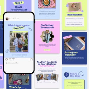 Vibrant flat lay showing all 8 Canva templates in bold retro neon color palette. Fully editable and optimized for Instagram’s new layout.