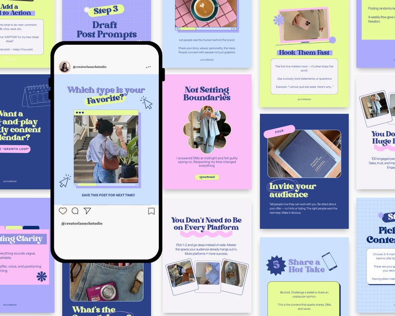 Vibrant flat lay showing all 8 Canva templates in bold retro neon color palette. Fully editable and optimized for Instagram’s new layout.
