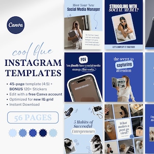 クールなブルーのInstagramカルーセルCanvaテンプレート56選 PLR MRR | デジタル製品販売者とコーチのための編集可能な美しいソーシャルメディアテンプレート