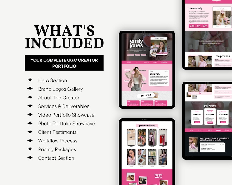 What's included overview featuring all sections included in the Canva creator website template including portfolio galleries, services, testimonials, pricing packages, and contact information.