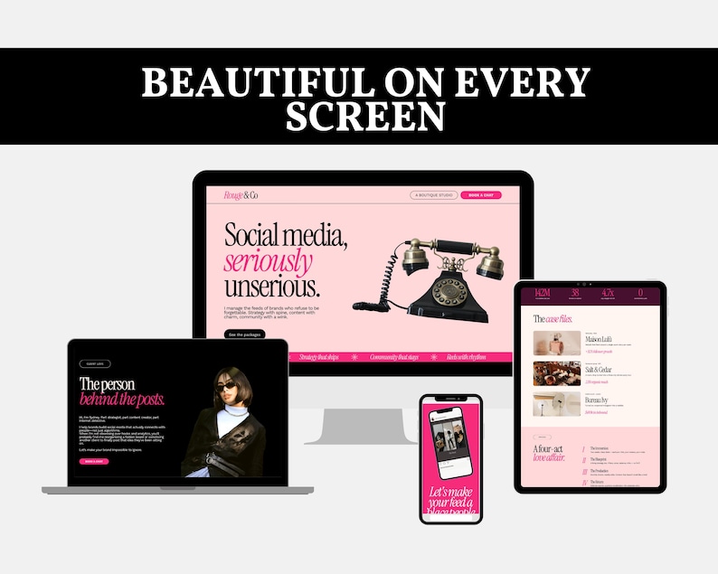Responsive Canva website displayed across desktop, laptop, tablet, and smartphone devices demonstrating a mobile-friendly portfolio.