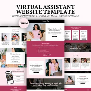 May include: A virtual assistant website template featuring a pink, white, and black color scheme. The layout includes sections for services, about me, and testimonials, with placeholder text and images. The design is editable in Canva.