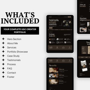May include: A digital template for a UGC creator portfolio featuring a dark color scheme with white text. The layout includes sections for a hero, about me, services, portfolio showcase, case study, testimonials, process, FAQ, contact, and footer.