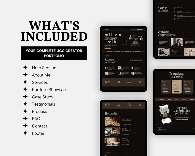 May include: A digital template for a UGC creator portfolio featuring a dark color scheme with white text. The layout includes sections for a hero, about me, services, portfolio showcase, case study, testimonials, process, FAQ, contact, and footer.