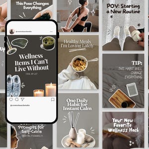 Instagram carousel mockup on phone with flat lay, wellness and health content templates for Canva, trendy minimal clean aesthetic perfect for creators and small businesses.