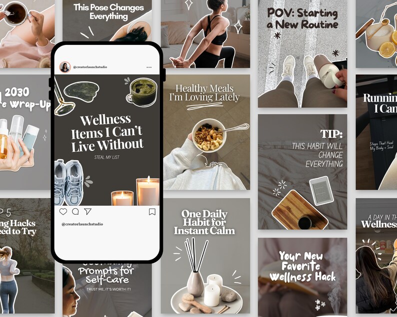 Instagram carousel mockup on phone with flat lay, wellness and health content templates for Canva, trendy minimal clean aesthetic perfect for creators and small businesses.